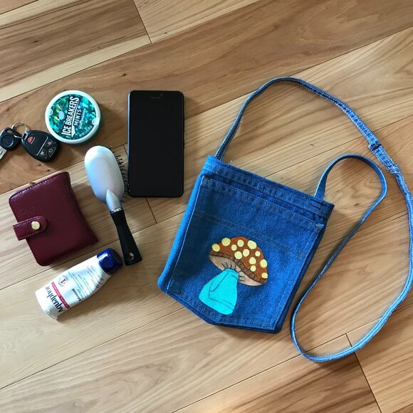 Handmade Crossbody Jean Purse: Painted Mushroom Over Shoulder Cell Phone Bag - Picture 8 of 10